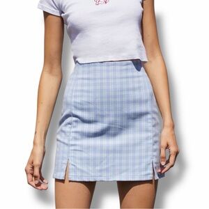 John Galt Brandy Melville Blue Plaid Cara Mini Skirt with Slits XS/S
